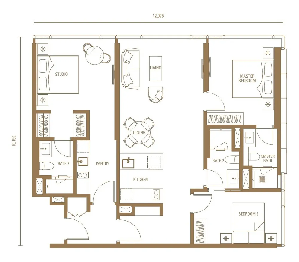 DK1 2 Bedrooms + Studio (Dual Key) floor plan