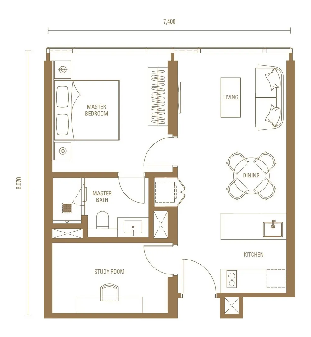J1 1 Bedroom + Study floor plan