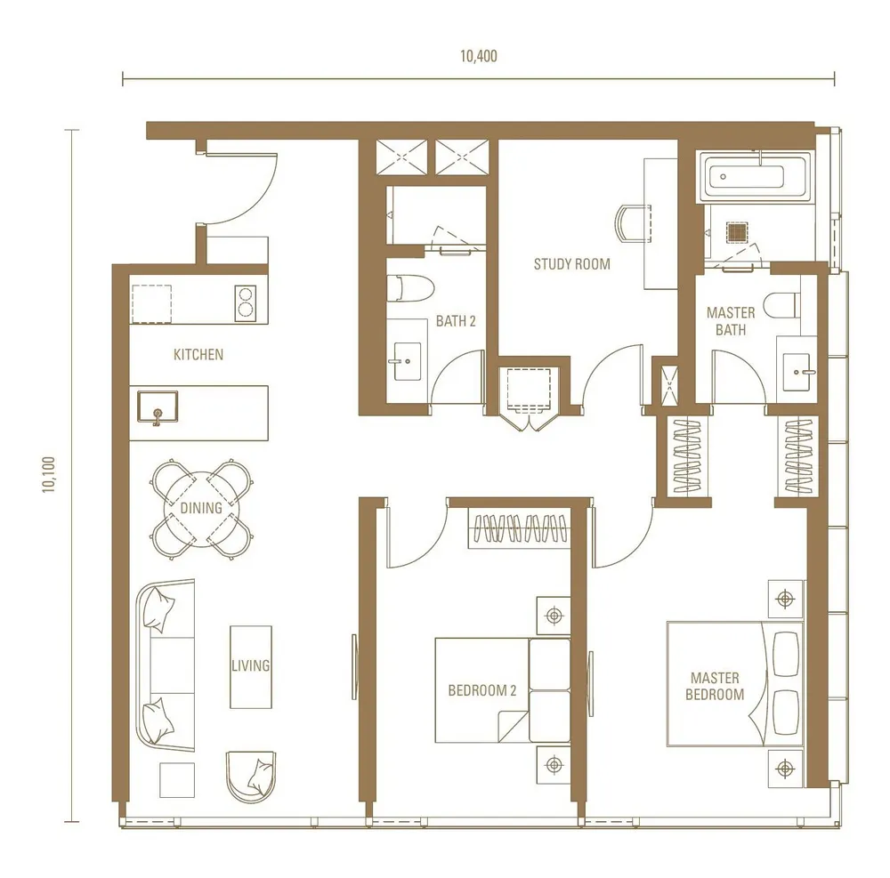 M1 2 Bedrooms + Study floor plan